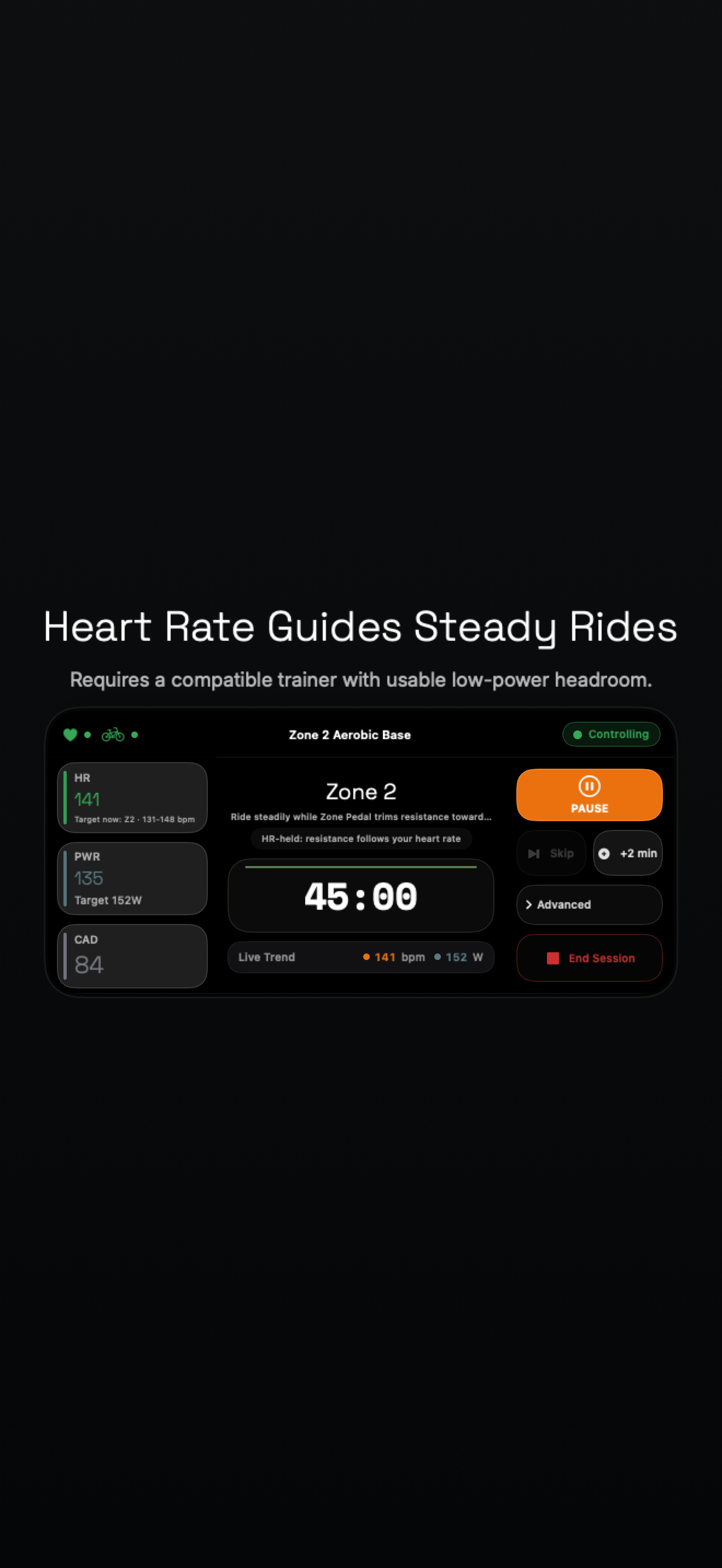 Zone Pedal selected lower-zone steady ride screen