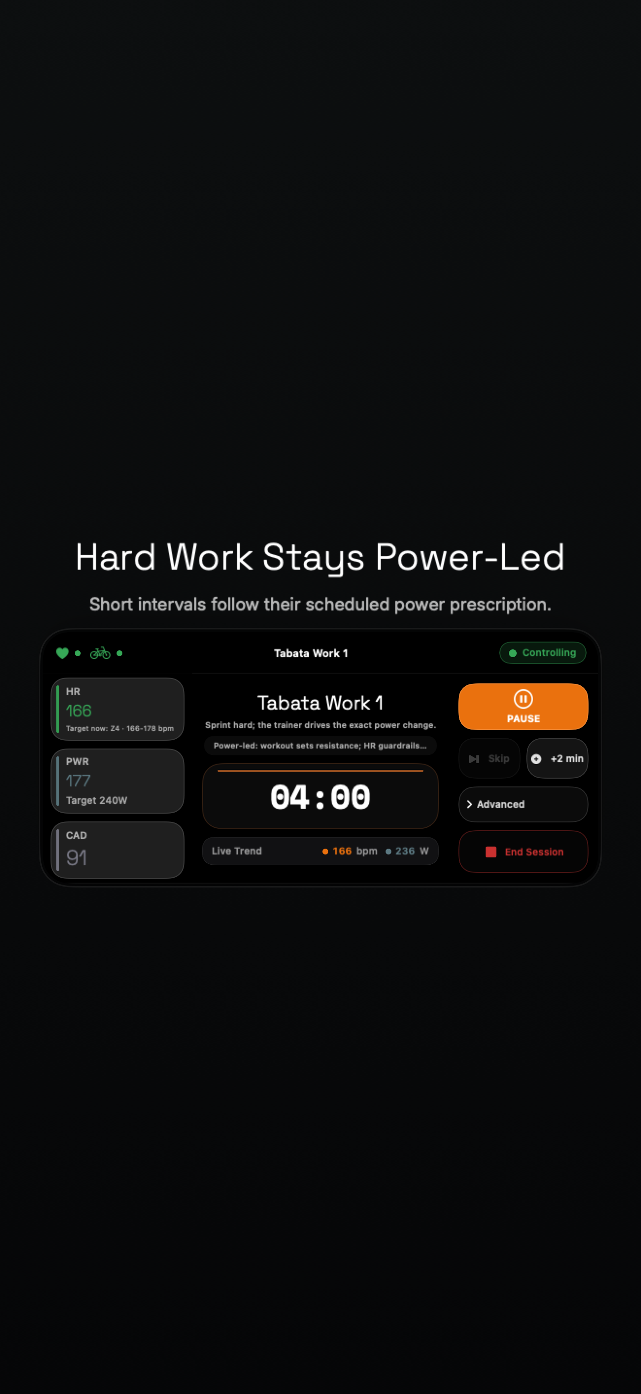Zone Pedal power-led short-interval workout with heart-rate guardrails